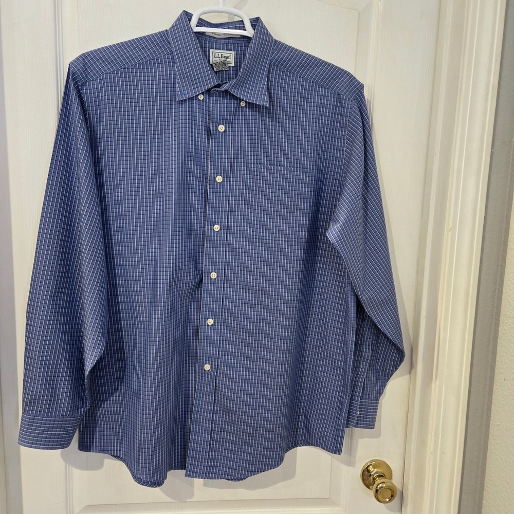 LL Bean Button Down Shirt Mens Large Blue Check Wrinkle Resistant Cotton